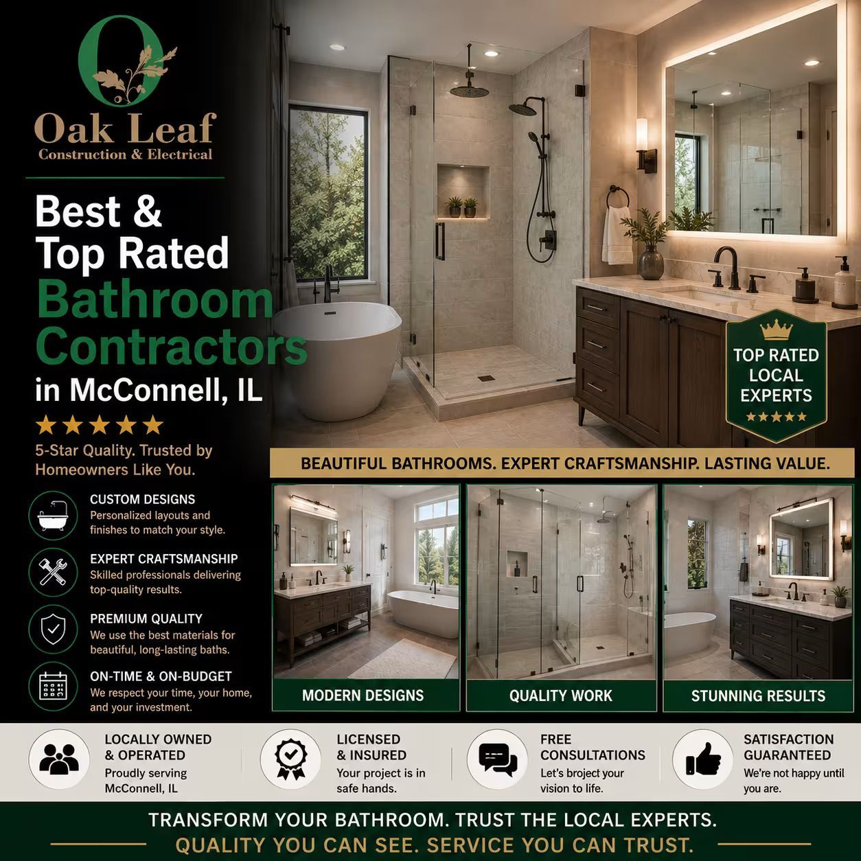 Oak Leaf bathroom remodeling ad showing luxury showers, vanities, and “Best & Top Rated Bathroom Contractors in McConnell, IL”