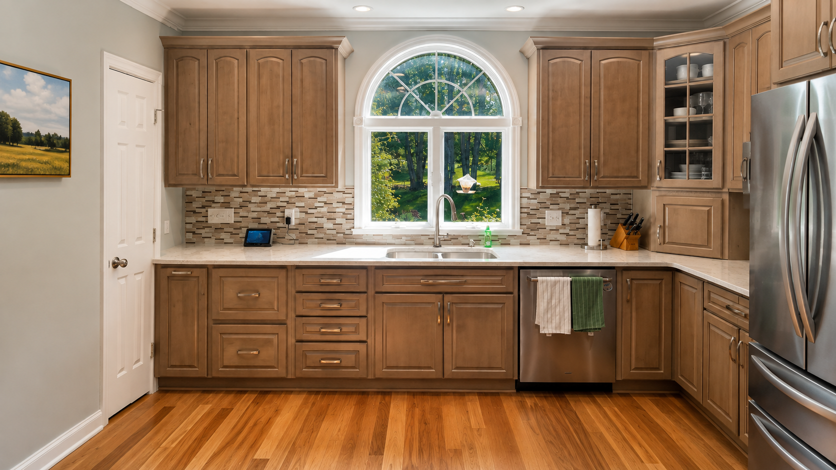 Bright kitchen with wooden cabinets, stainless steel appliances, and a centered window above the sink