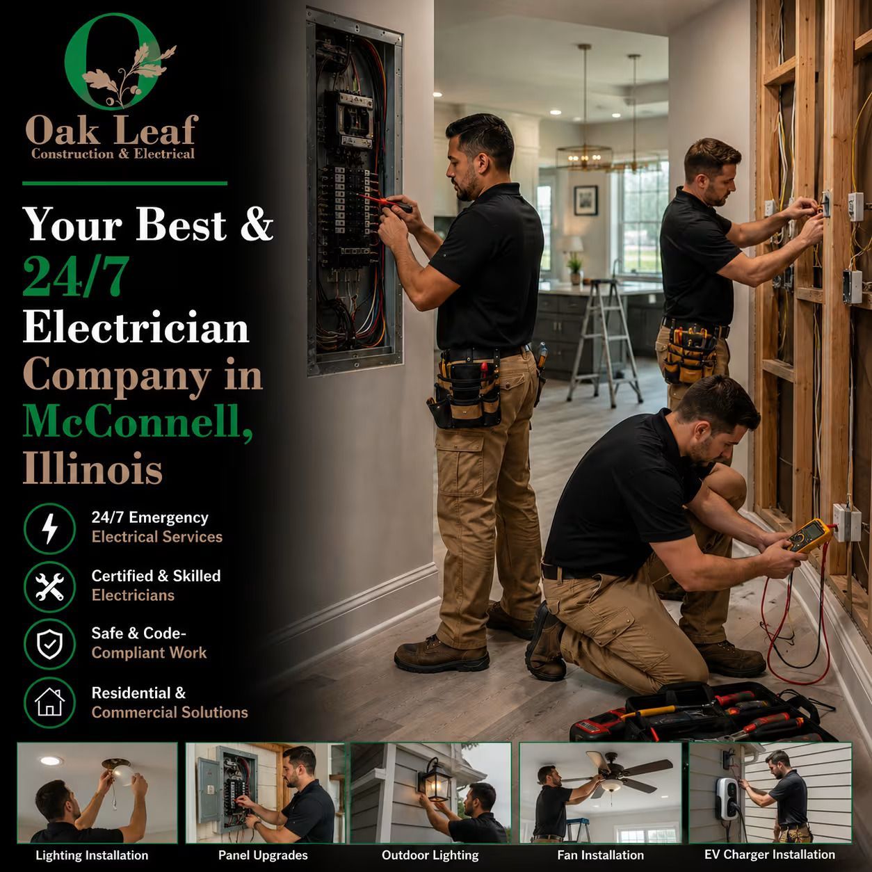 Oak Leaf Electric ad with electricians working in a home hallway and service features listed on the left.
