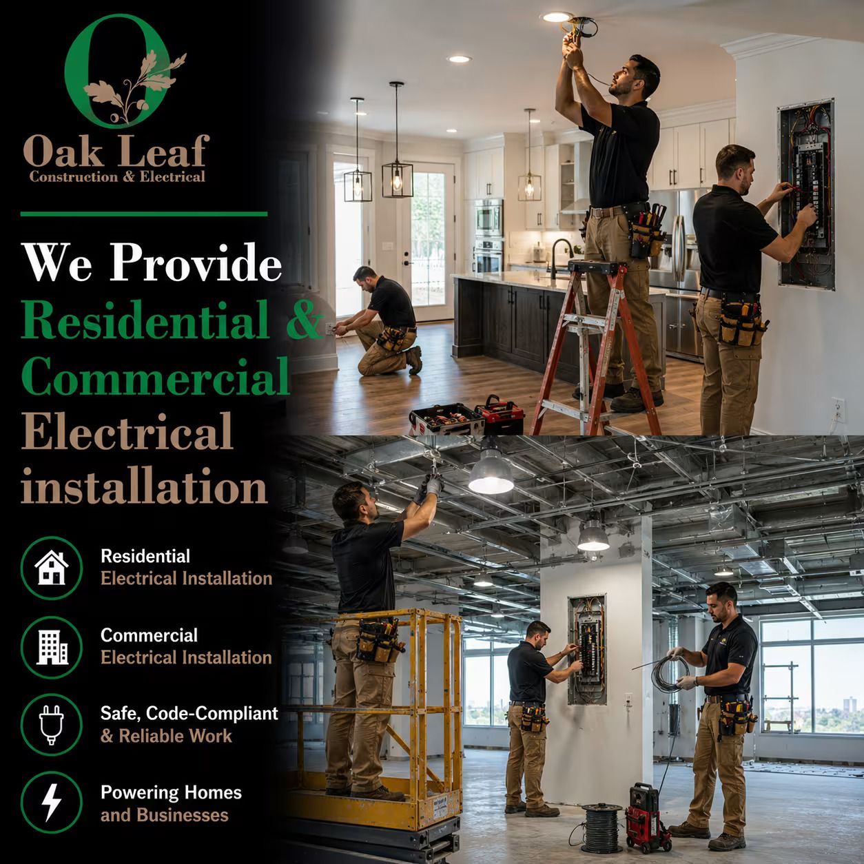 Oak Leaf electrical services ad with workers installing fixtures in a home interior and service list on black background