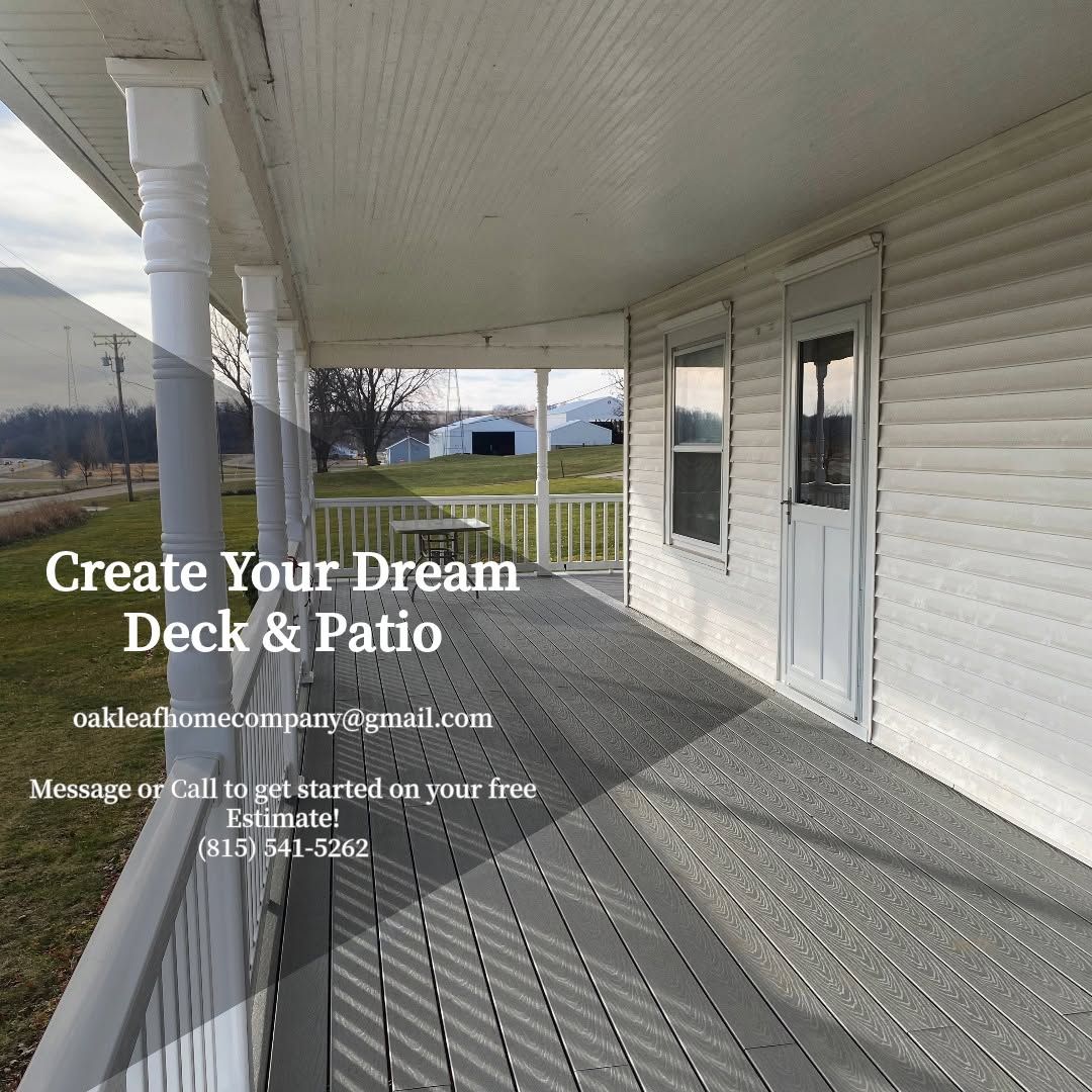 Porch and deck with white siding and columns, overlaid with “Create Your Dream Deck & Patio” contact ad
