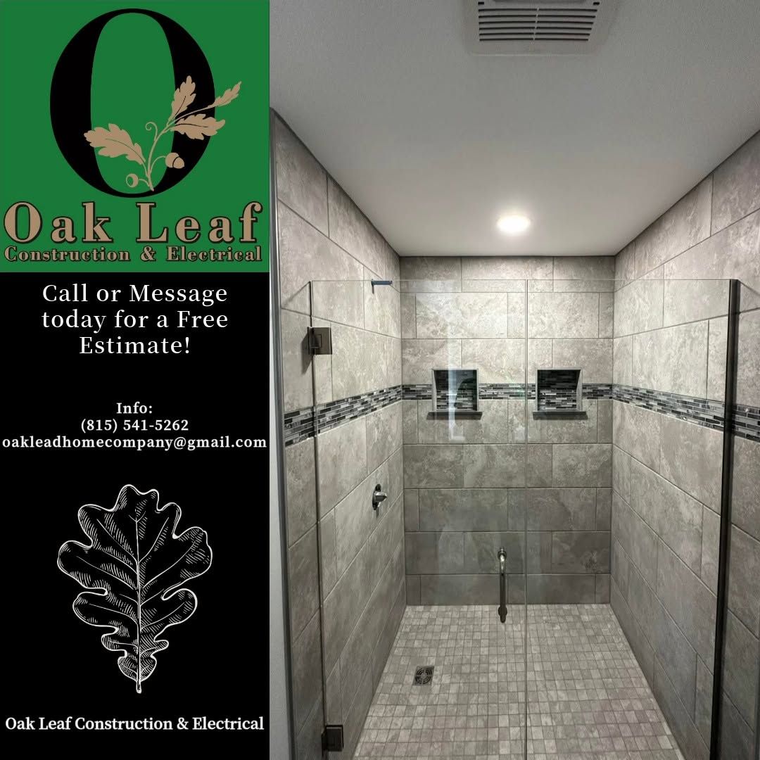 Oak Leaf Construction ad beside photo of a tiled shower with glass fixtures and wall niches