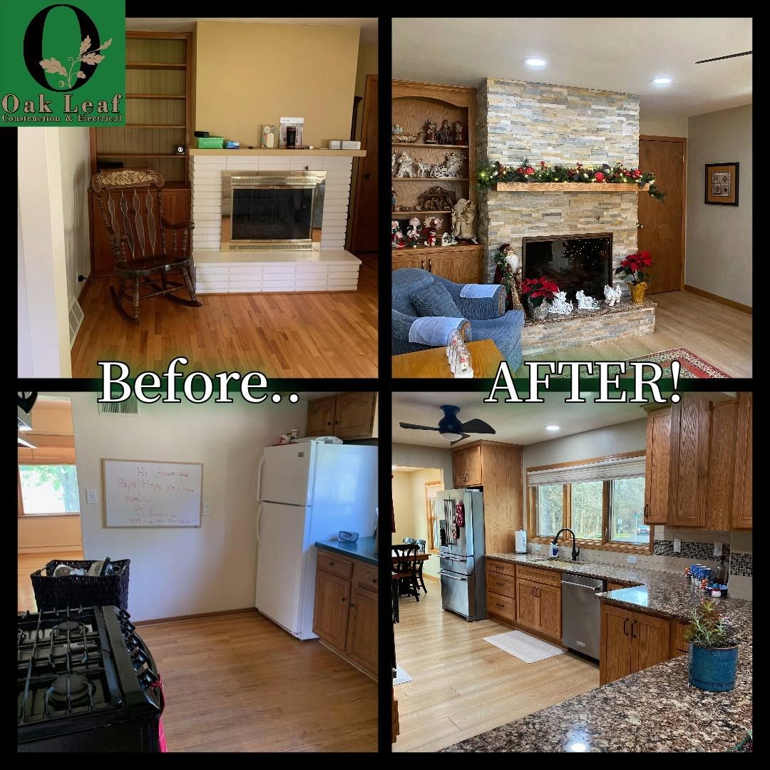 Before-and-after photos of a renovated kitchen and living room with fireplace, wood cabinets, and updated floors