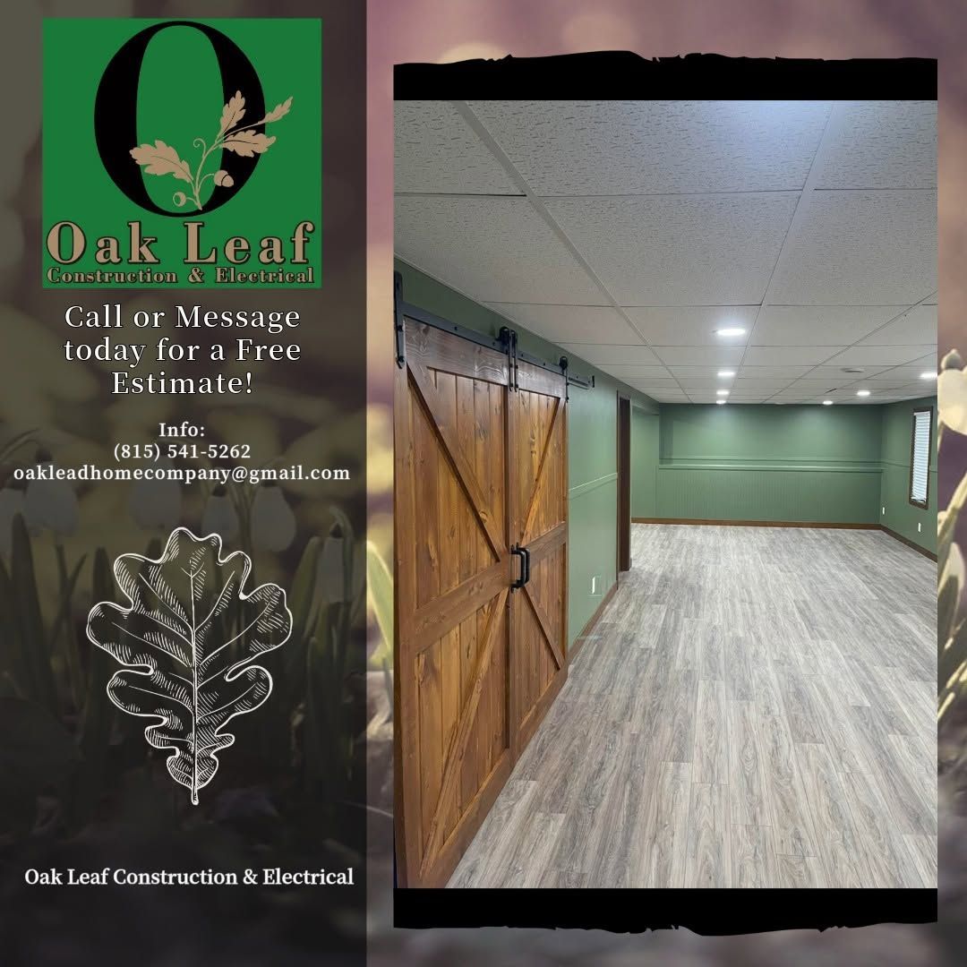 Oak Leaf interiors ad beside a renovated room with green walls, wood doors, and gray flooring