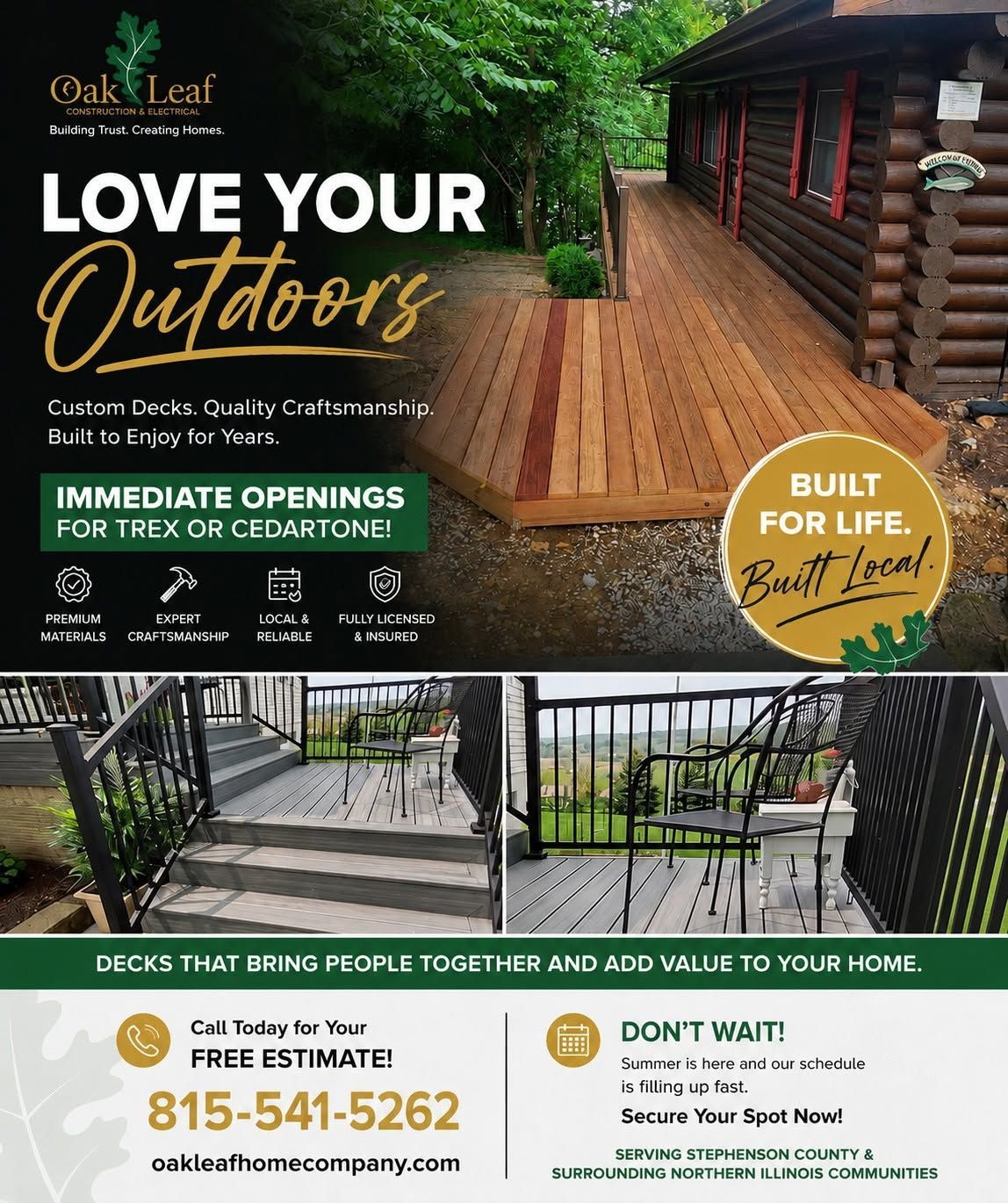 Outdoor deck and patio ad with wooden deck, log cabin, and “Love Your Outdoors” promotional text.