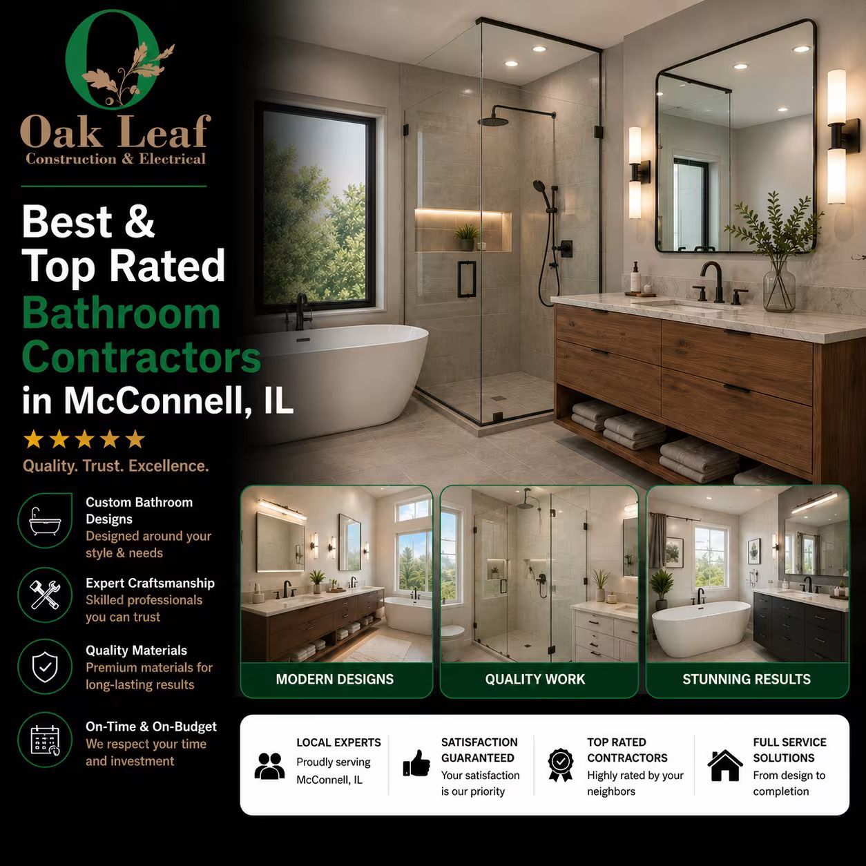 Oak Leaf bathroom contractor ad with modern bathroom photos and “Best & Top Rated Bathroom Contractors in McConnell, IL” text