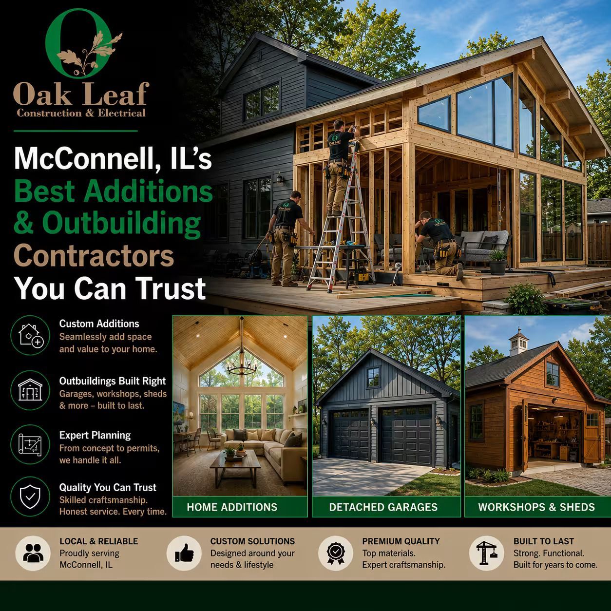 Oak Leaf Construction ad for McConnell, IL additions and outbuildings with modern home and barn photos