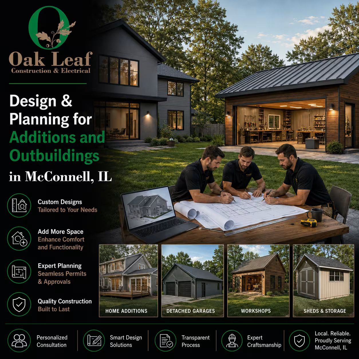 Oak Leaf Design & Planning ad for garden outbuildings, with plans, timber buildings, and team at a table