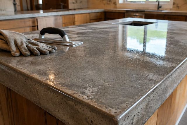 Concrete countertop with a glove and trowel in a workshop, reflecting a window.