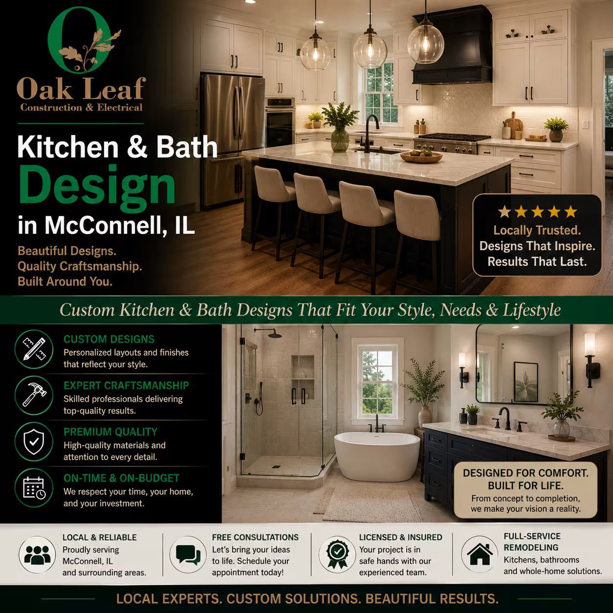 Oak Leaf Kitchen & Bath ad showing a modern beige kitchen and bath design in McConnells, SC