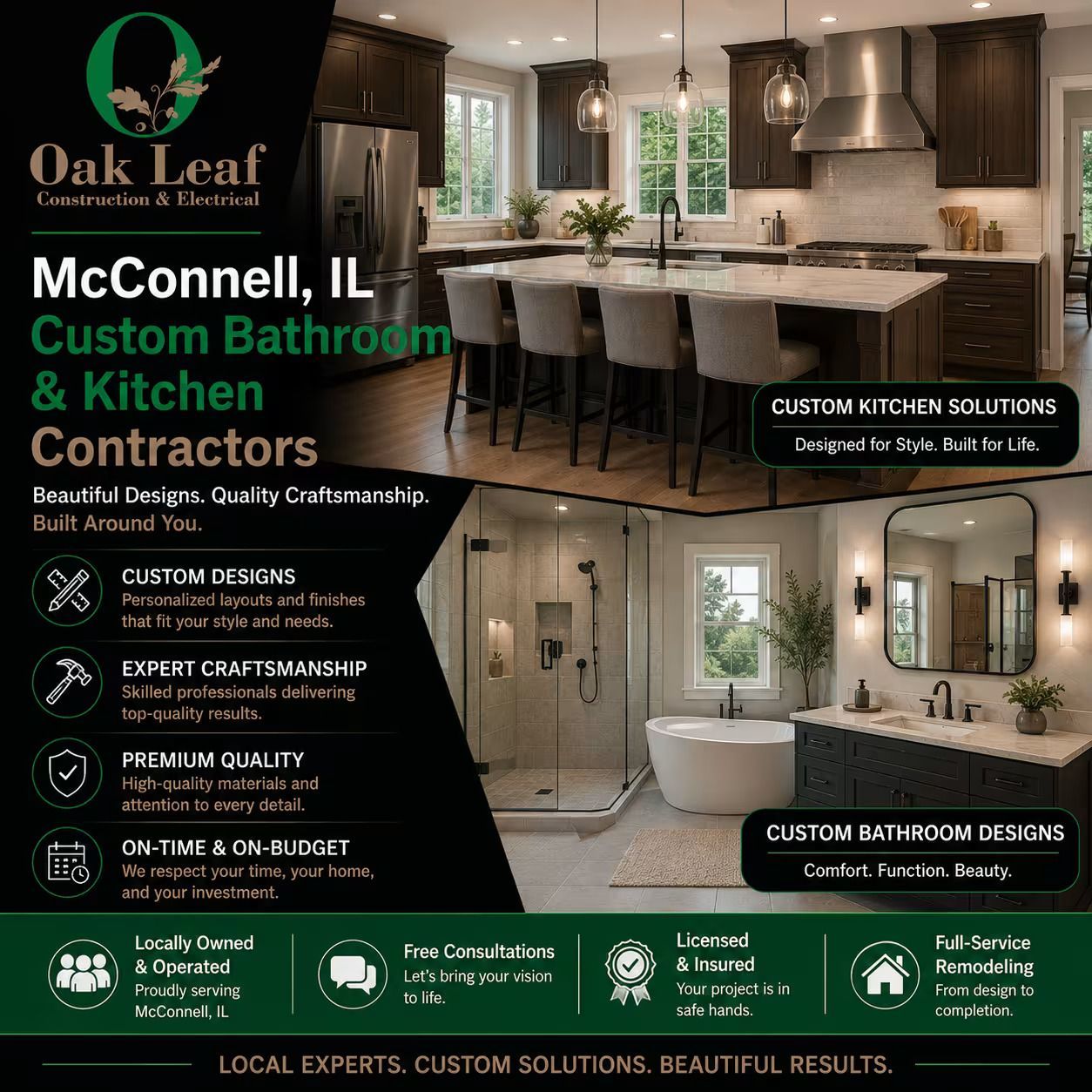 Oak Leaf Custom Home Contractors ad with kitchen and bathroom remodel photos, black-green branding, and service highlights