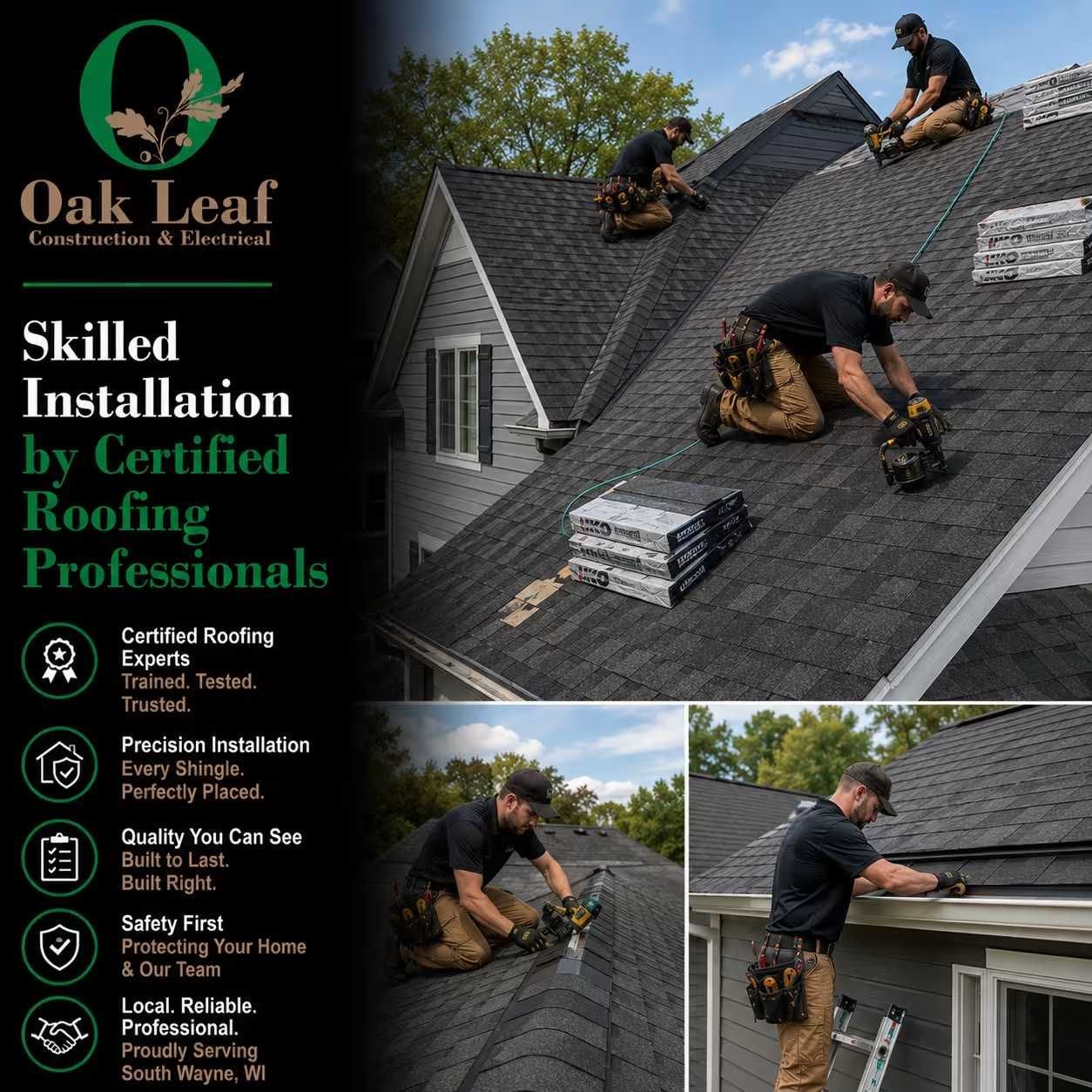 Oak Leaf roofing ad showing workers installing gray shingles on a house roof with service details on black background