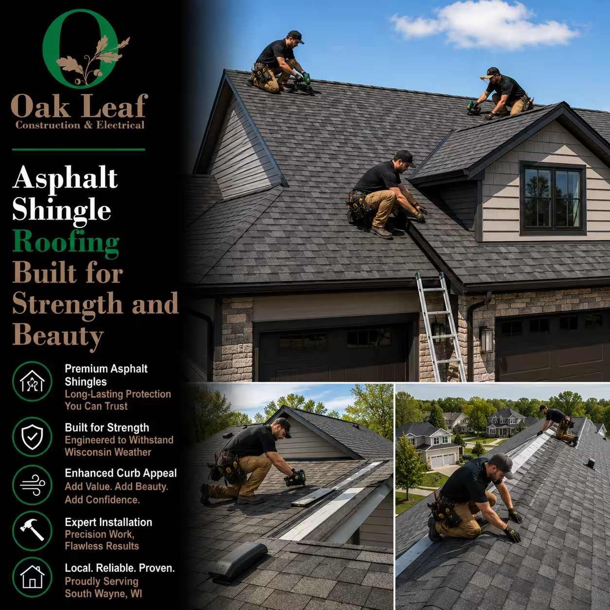 Roofing crew installs black asphalt shingles on a house roof under blue sky; Oak Leaf Construction ad.