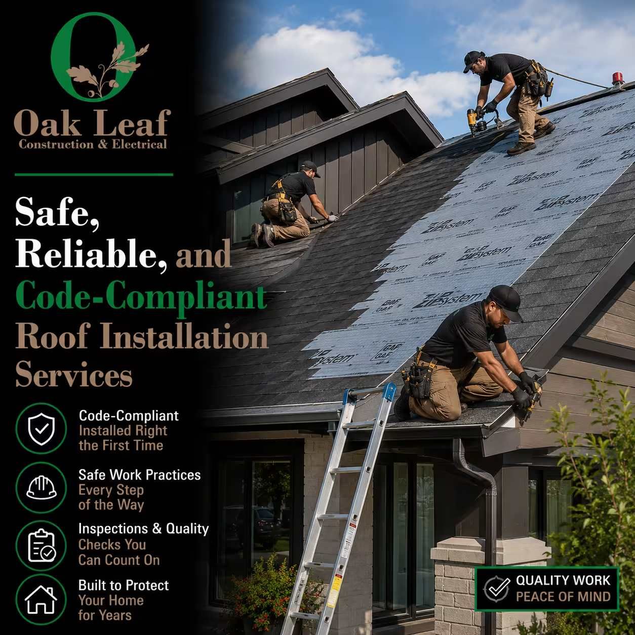 Oak Leaf roof installation ad showing workers on a shingled roof with “safe, reliable, code-compliant” text.