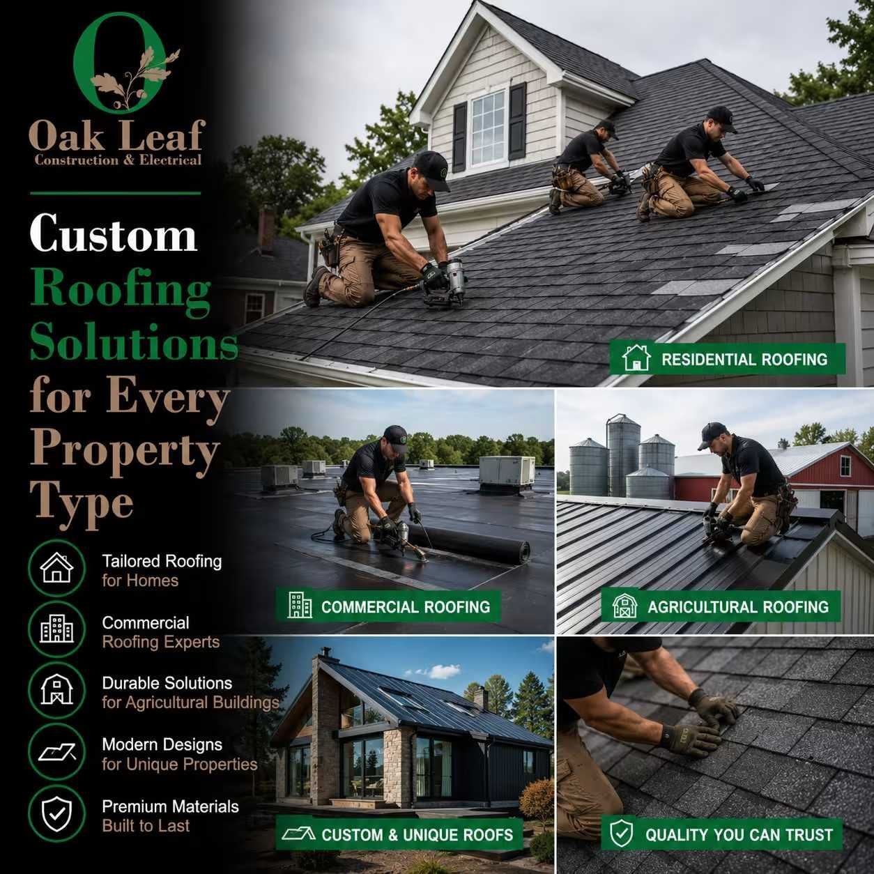 Oak Leaf Roofing ad with roofers working on homes, promoting custom roofing solutions for residential and commercial properties