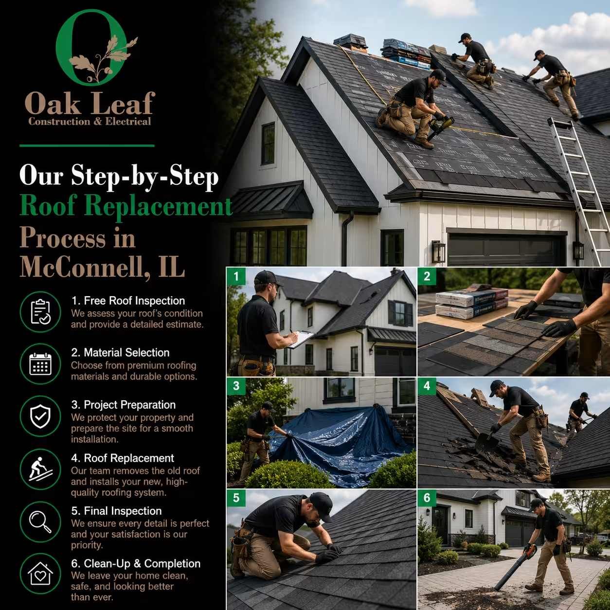 Oak Leaf roofing ad showing roof replacement process in McConnell, IL, with workers on a shingled roof.