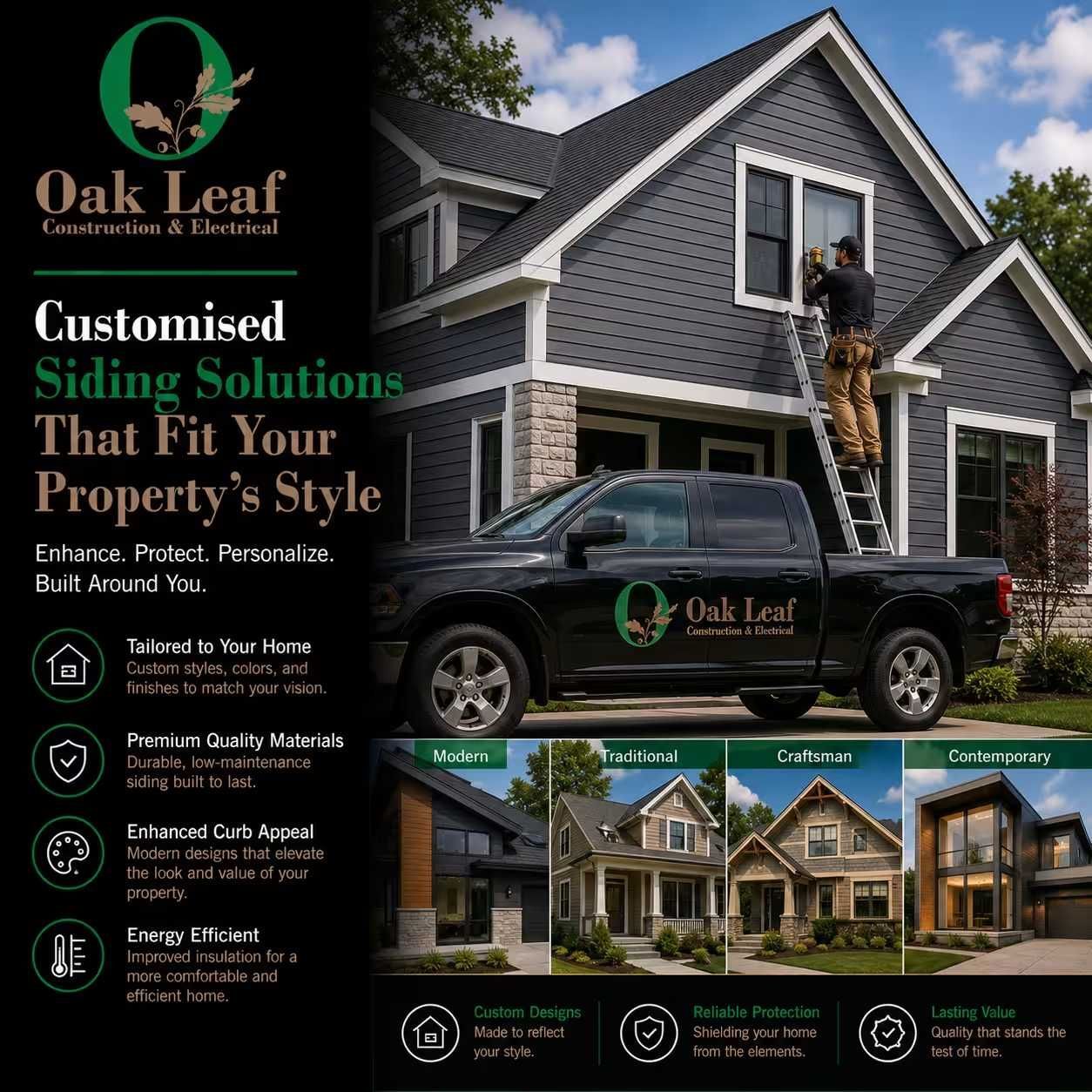 Oak Leaf Contracting siding ad with worker on ladder at gray house and truck logo in foreground