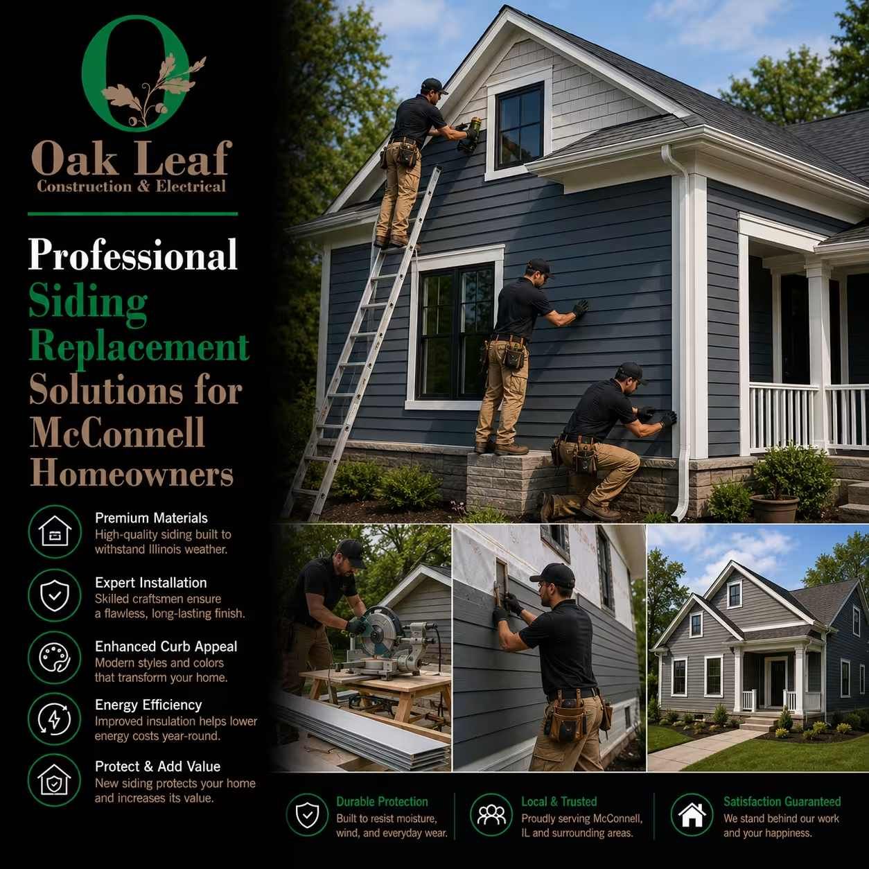 Oak Leaf siding replacement ad showing workers installing dark blue siding on a McConnell home, with before-and-after photos