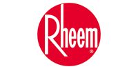 Rheem logo in white on a red circle