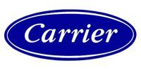 Carrier logo in white script on a blue oval background