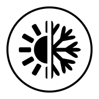 Black-and-white circle icon split between sun rays and a snowflake, indicating temperature control or seasonal mode