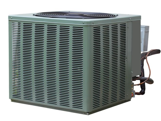 Green outdoor air conditioner unit with vented sides and top fan grille