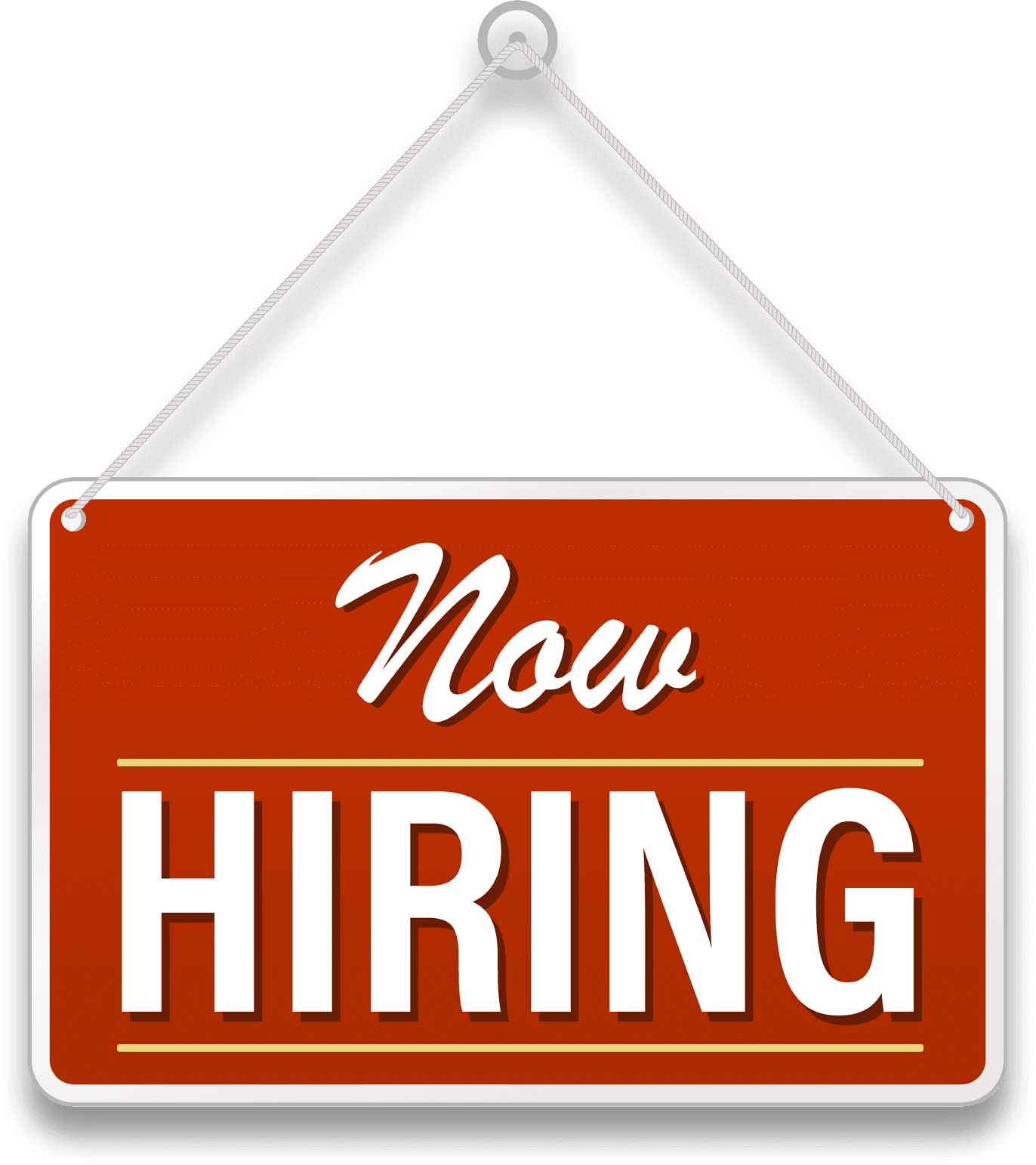 A red sign that says now hiring on it