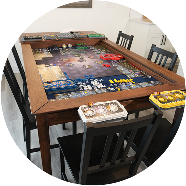 A wooden table with a board game on it