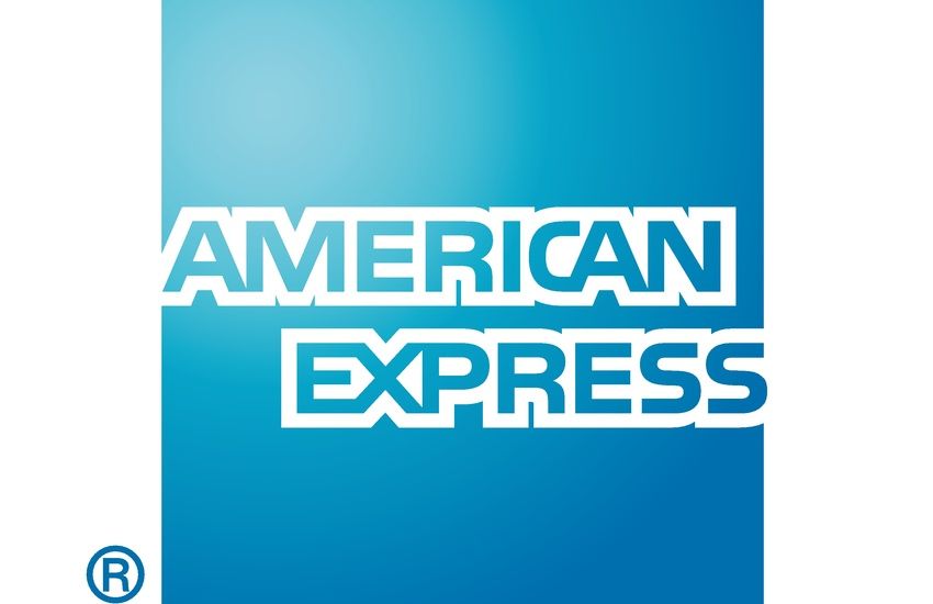 The american express logo is blue and white on a white background.