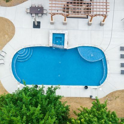 An aerial view of a large swimming pool