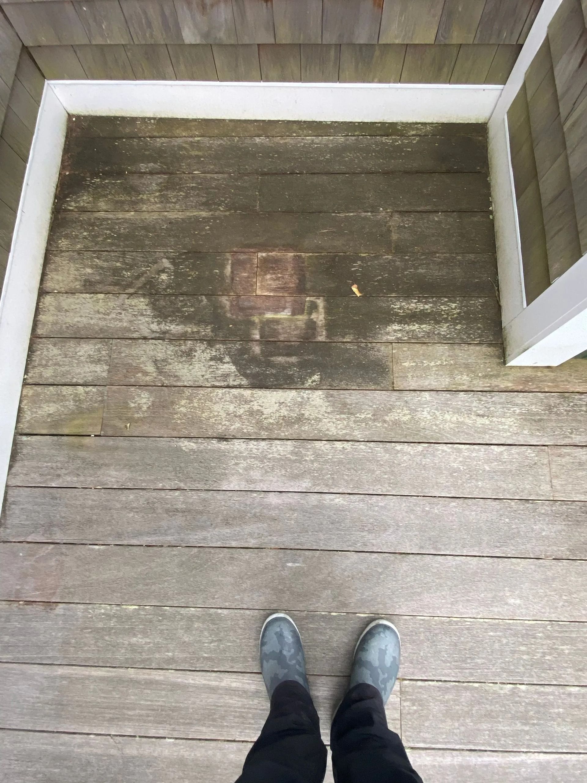 Person standing on weathered wooden porch, looking down. Gray-green planks.