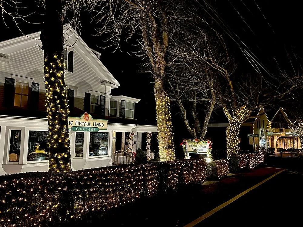Night scene: Buildings and trees adorned with holiday lights along a street.