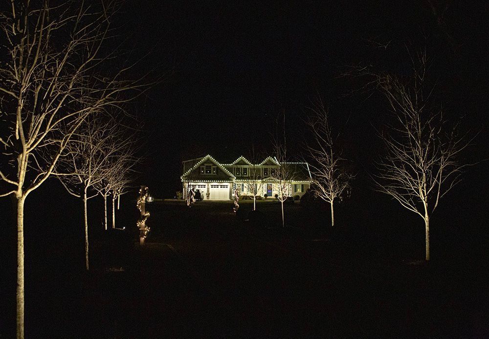 A house at night, lit up with white lights. Trees stand in the foreground, illuminated from below.