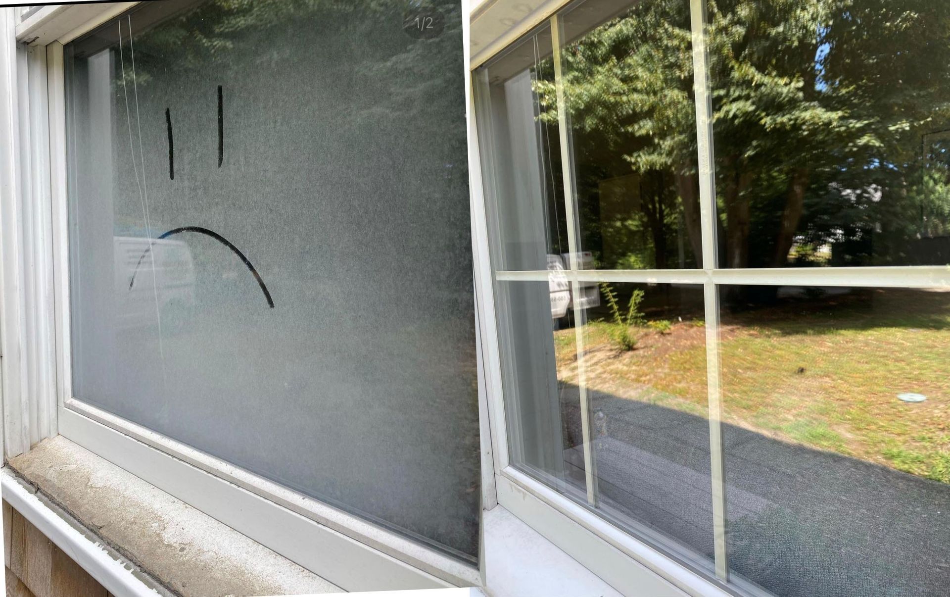 Two-pane window: one with condensation and a sad face drawn on it; the other clean, showing the outside view.
