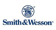 The logo for smith & wesson is blue and white.