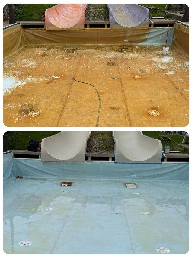 A before and after picture of a swimming pool with slides.
