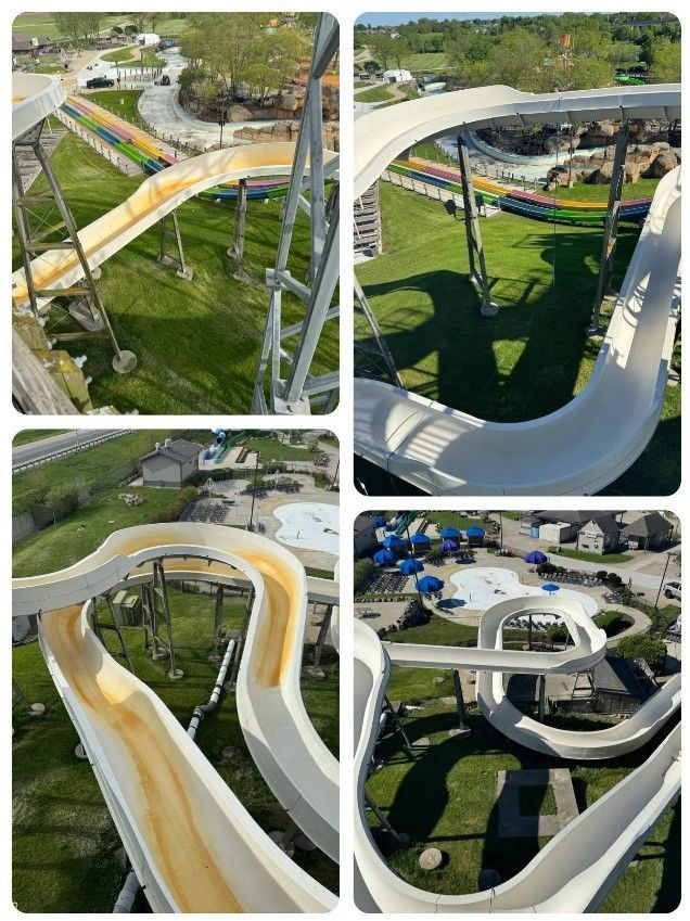 A collage of four pictures of a water slide at a water park