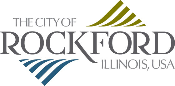 City of Rockford, Illinois logo: gray text, abstract blue and yellow shapes.