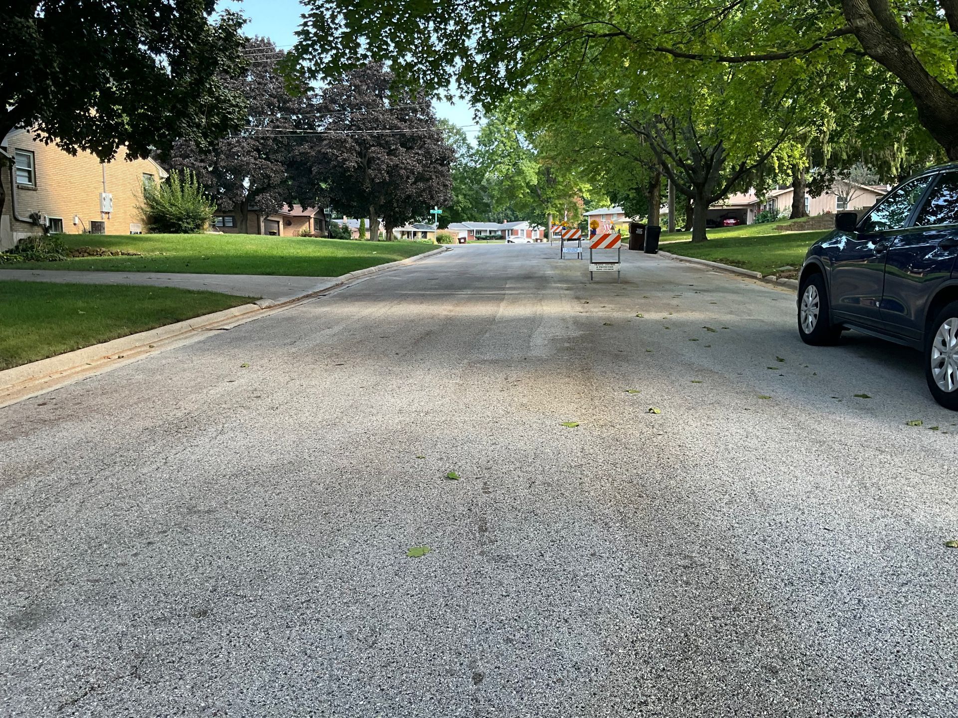 Gravel road in residential area with cars parked on side, trees, and barricades in the distance.