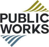 Public Works logo: bold black text, stylized mountain peaks in gold and blue.