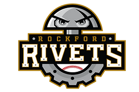 Logo for the Rockford Rivets baseball team, featuring a rivet with angry eyes, team name, and baseball in a gear.