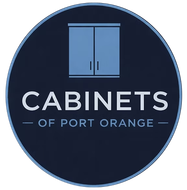 Blue circular logo for Cabinets of Port Orange with a cabinet icon and white text