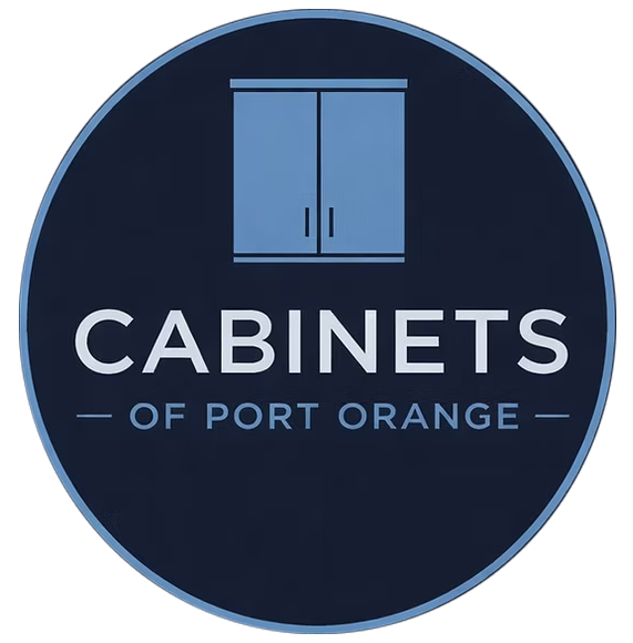 Blue circular logo for Cabinets of Port Orange with a cabinet icon and white text