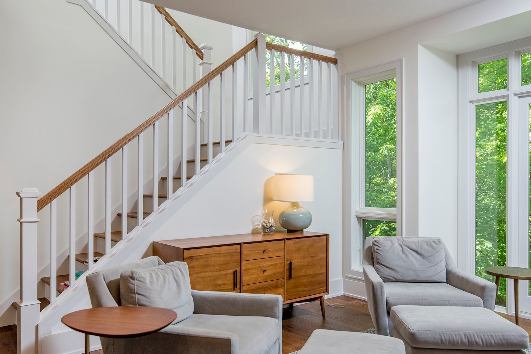 Bright living room with staircase