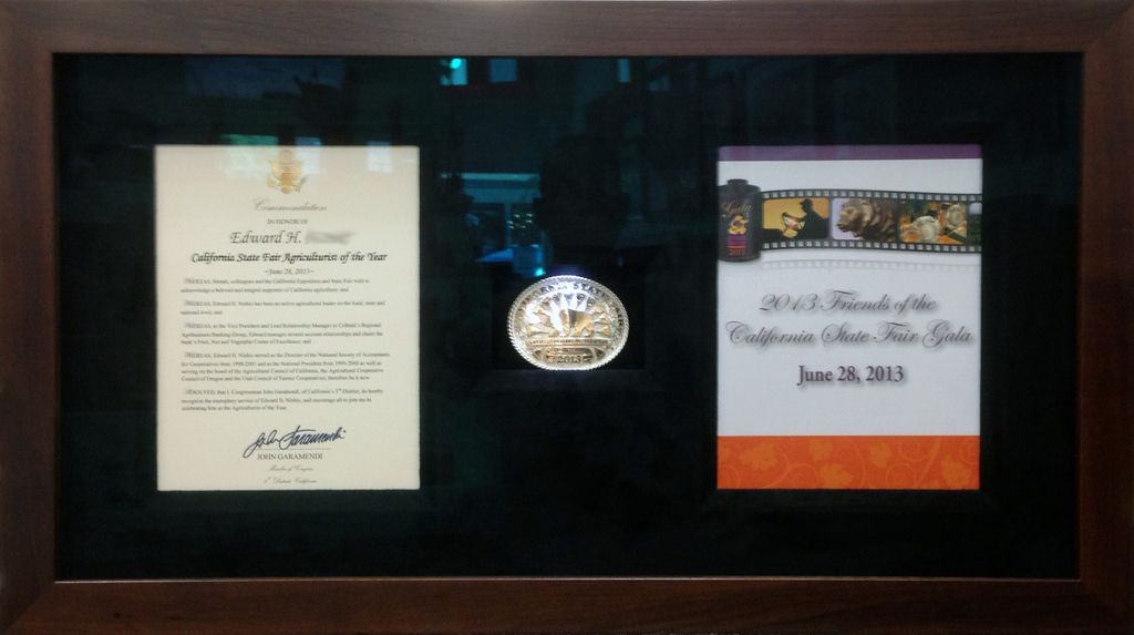 Illuminated belt buckle and awards with front opening shadow box frame