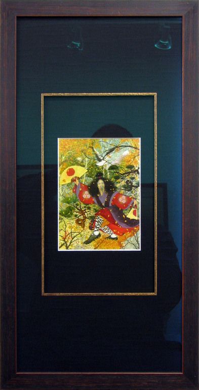 Asian style art with dynamically proportioned mat and aged gold fillet