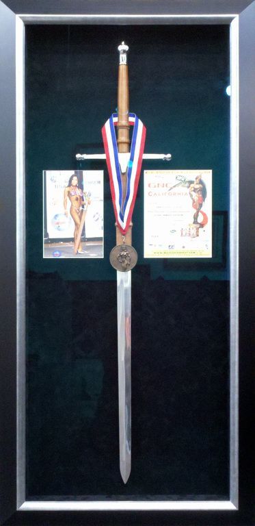 Body building award shadow box frame with sword