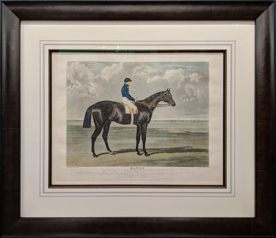 A painting of a man riding a horse in a field