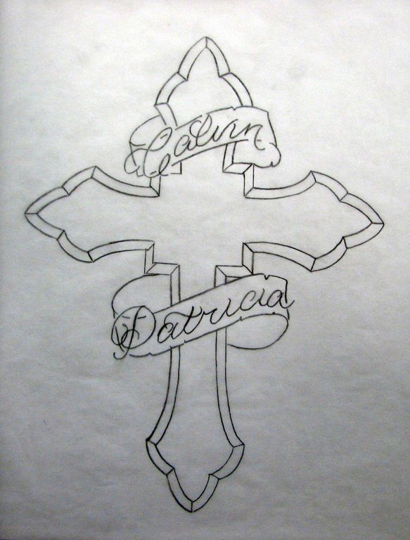 A drawing of a cross with the names Patricia and Calvin on it