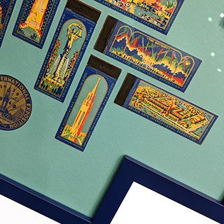 A blue frame with a sticker that says international exposition